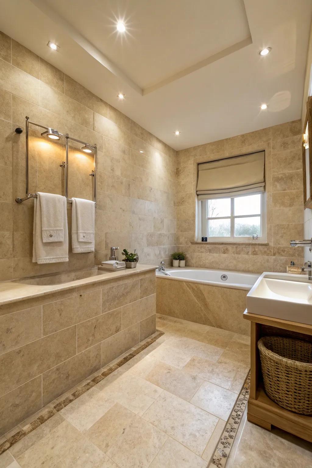 Serene travertine bathroom with soft neutral colors and gentle lighting.