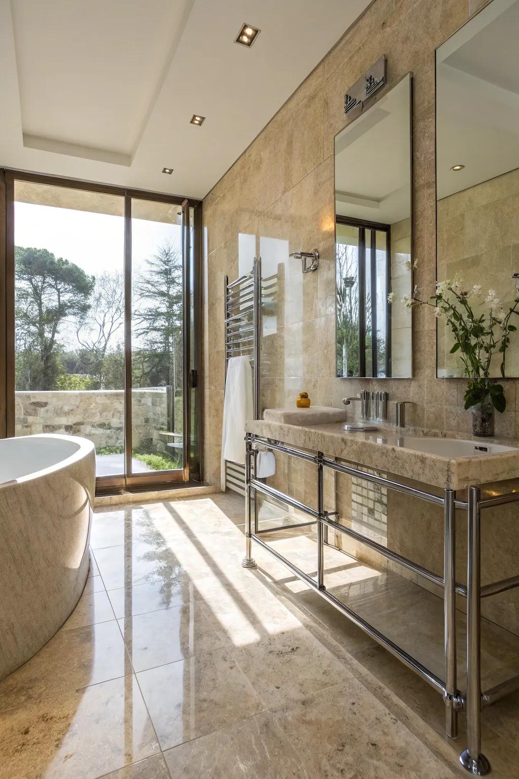 Bathroom combining travertine with metal and glass accents for a dynamic look.