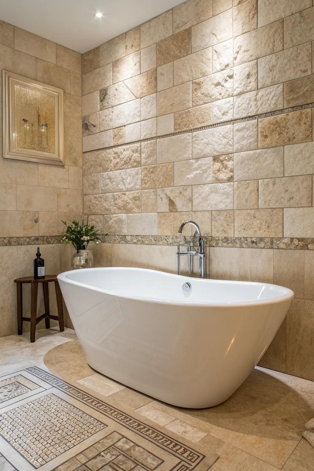 Elegant freestanding bathtub set against travertine tiled walls.