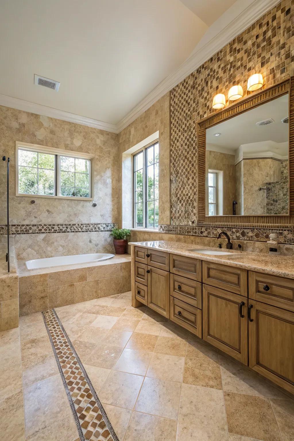 Bathroom with a striking mosaic tile feature wall paired with travertine.