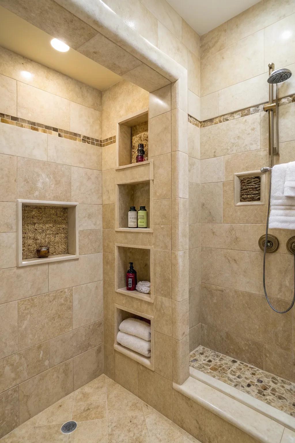 Travertine shower with built-in niches for elegant storage solutions.