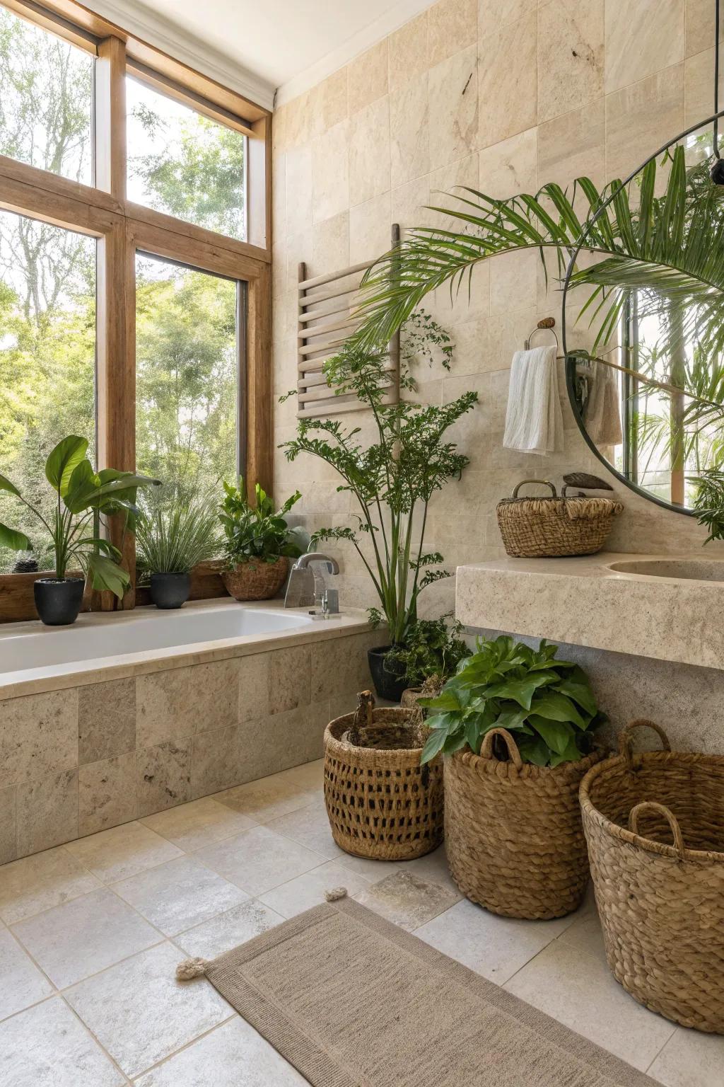 Travertine bathroom enhanced with lush plants and woven baskets for a natural vibe.