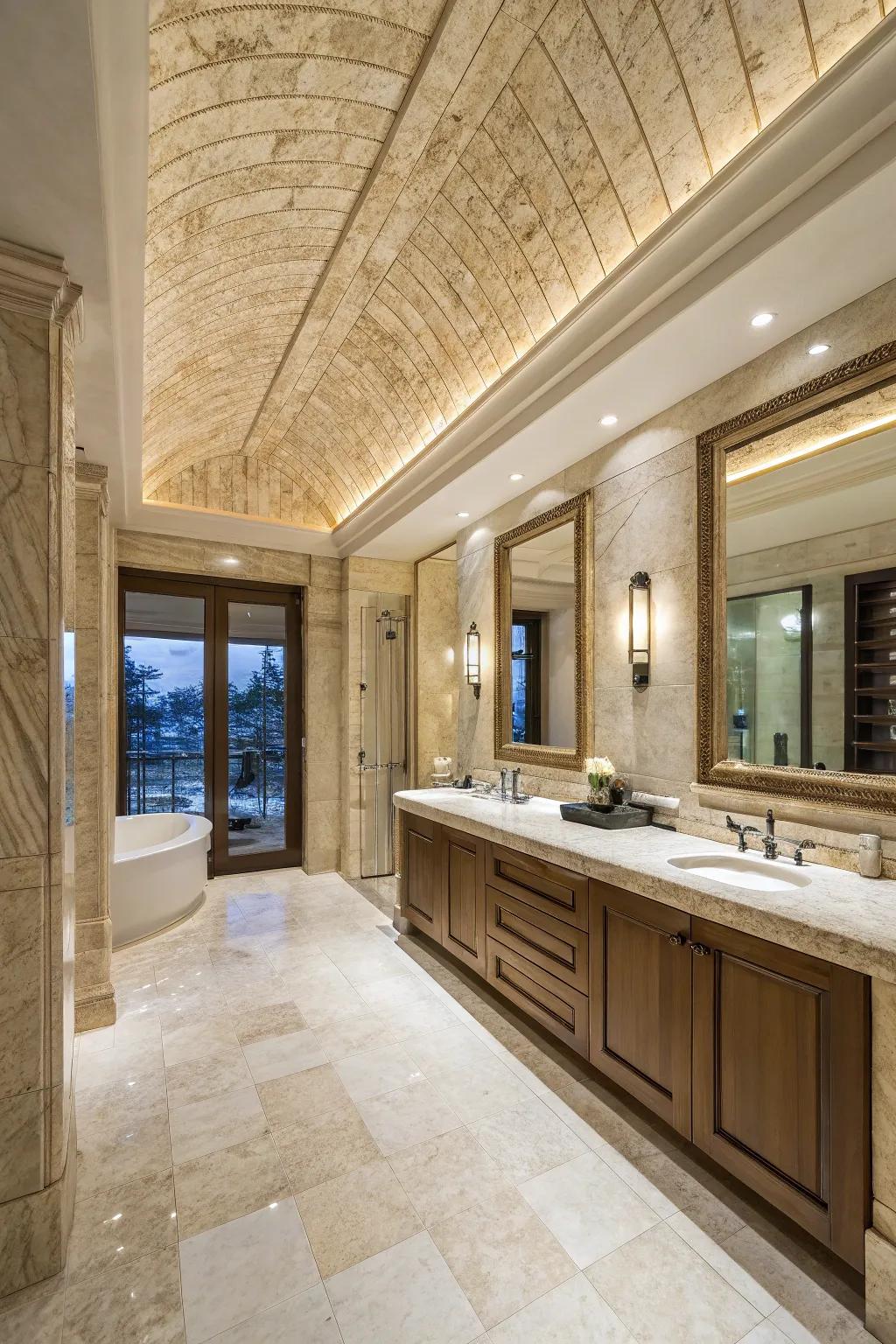 Bathroom with a dramatic travertine ceiling that adds architectural interest.