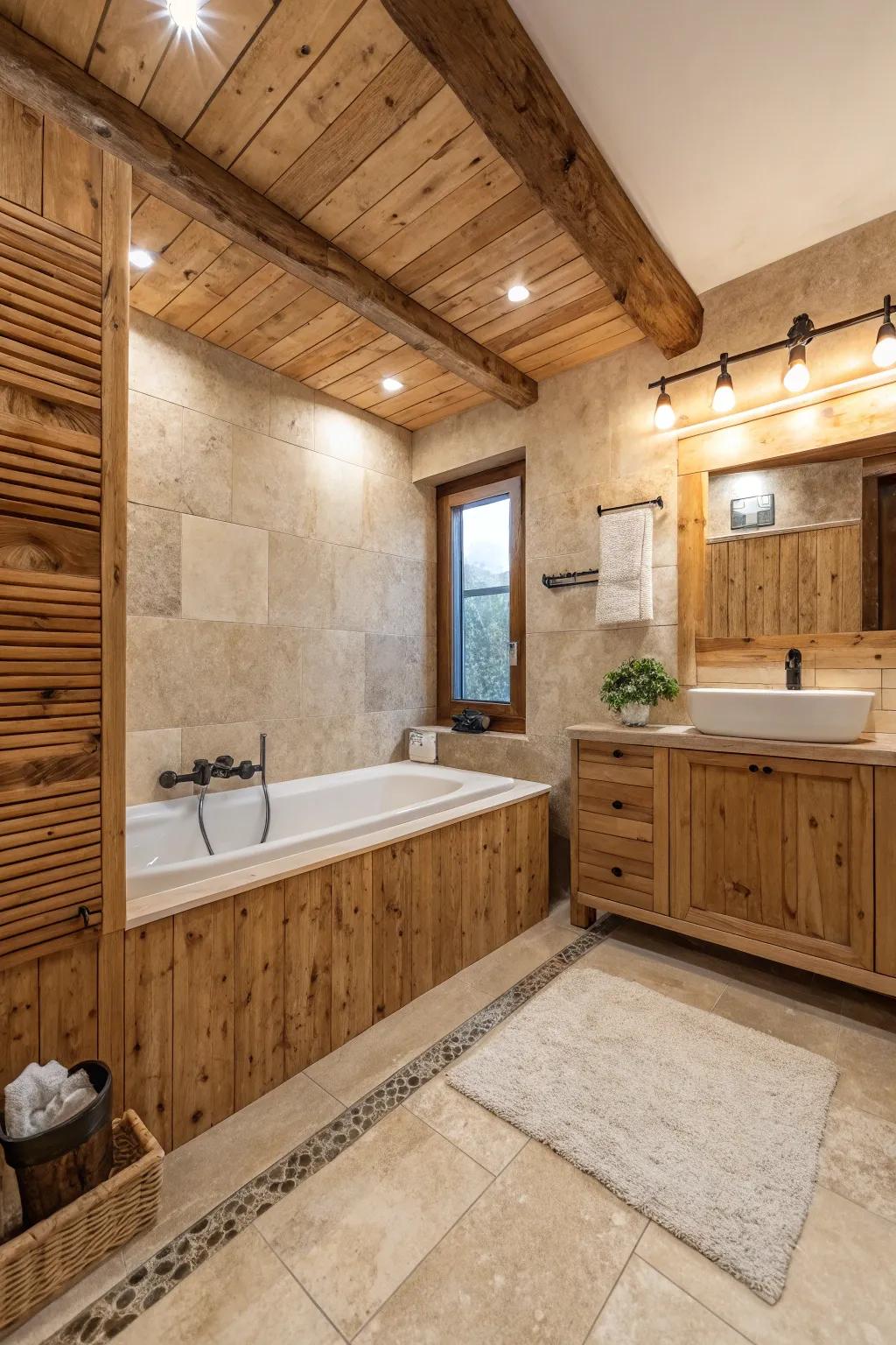 Eco-conscious travertine bathroom featuring reclaimed wood accents.