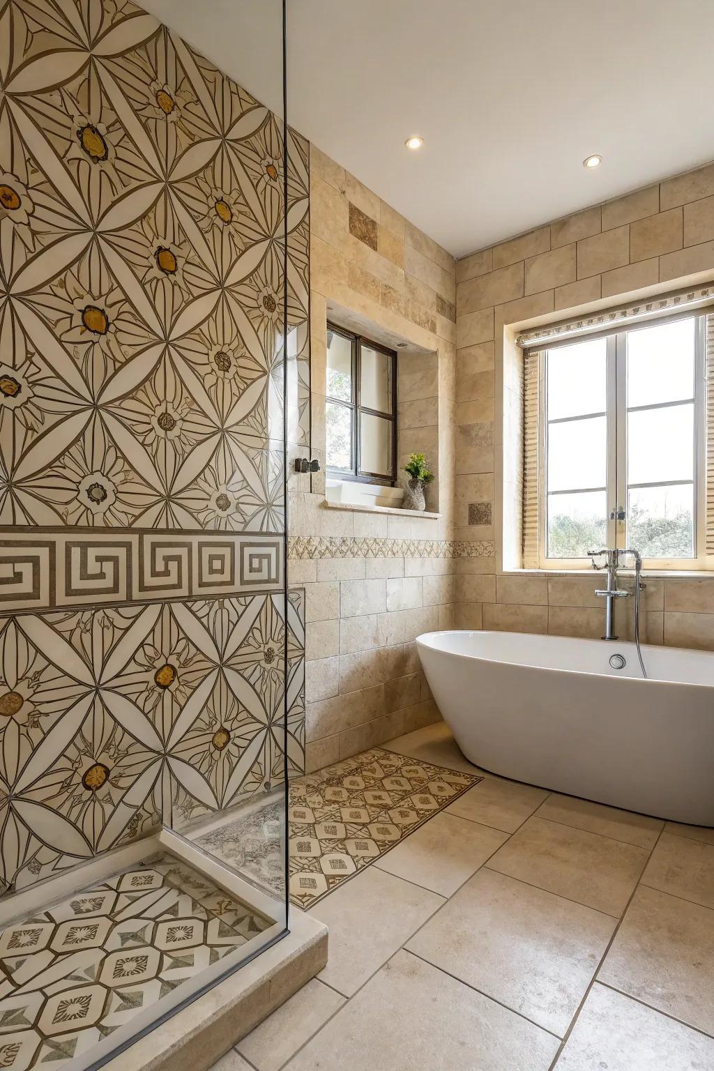 Sophisticated travertine bathroom featuring geometric tile patterns.