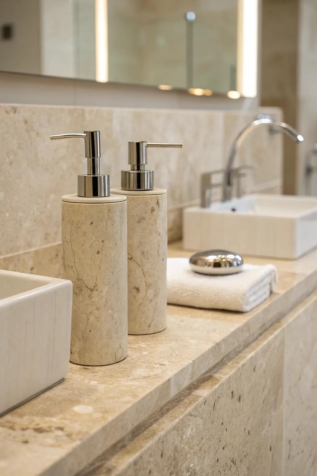 Travertine bathroom featuring minimalist fixtures in polished metal finishes.