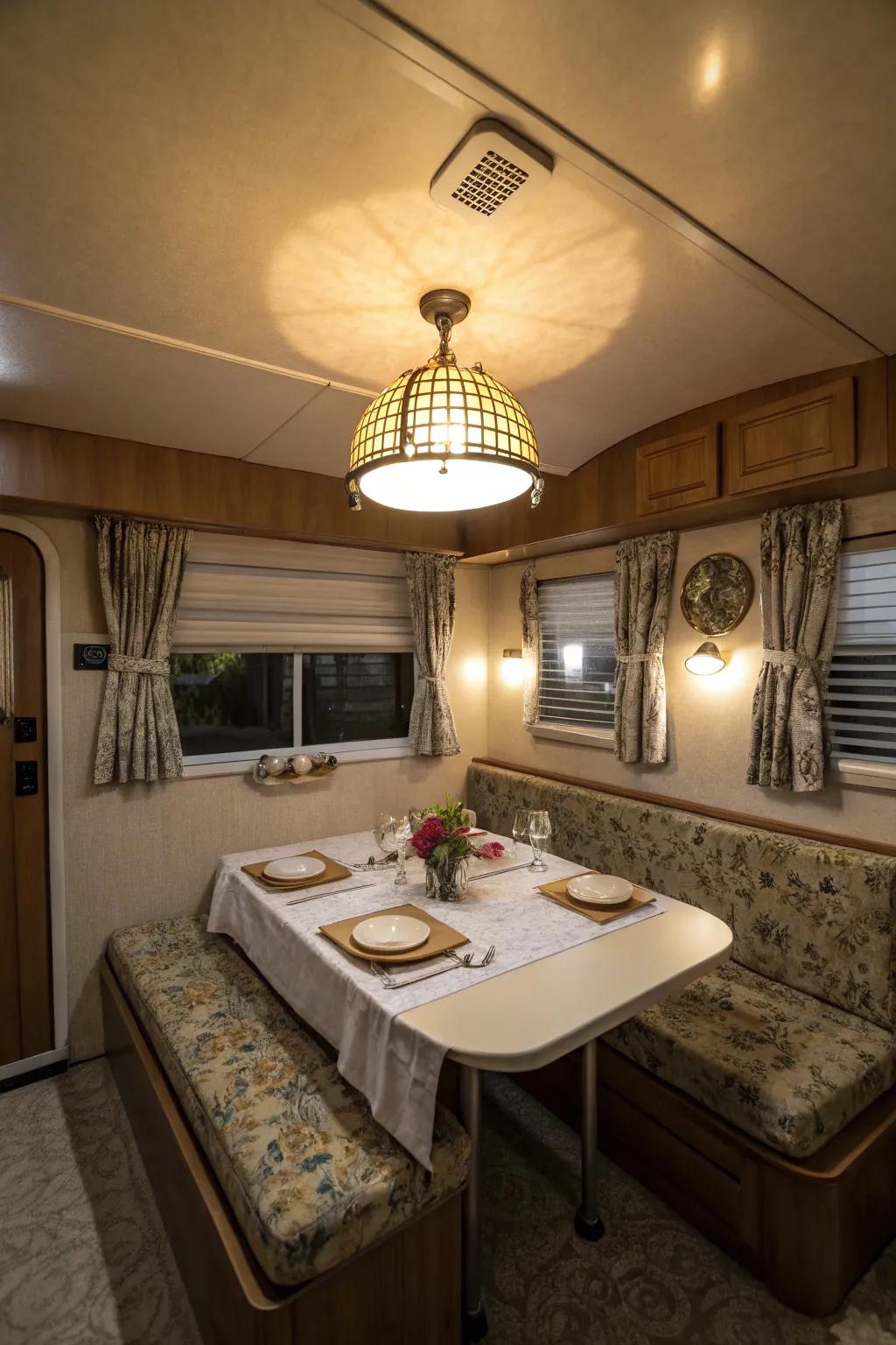 Ambient lighting creates a welcoming dining atmosphere.