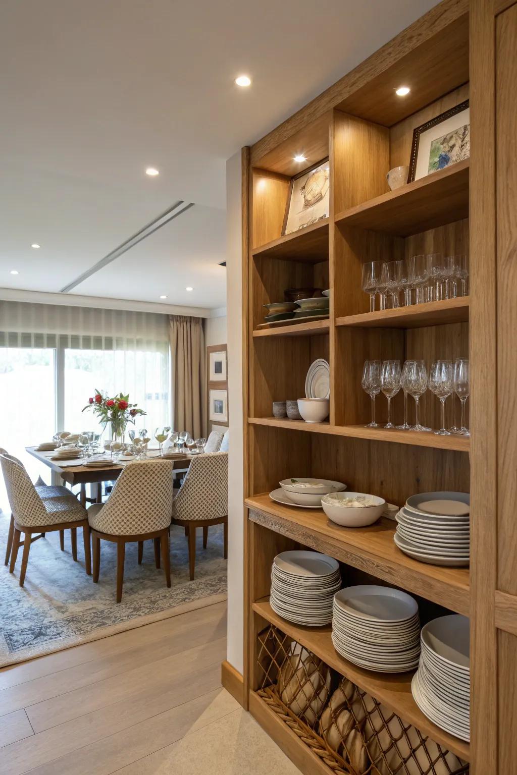 Clever storage solutions maintain a tidy dining environment.