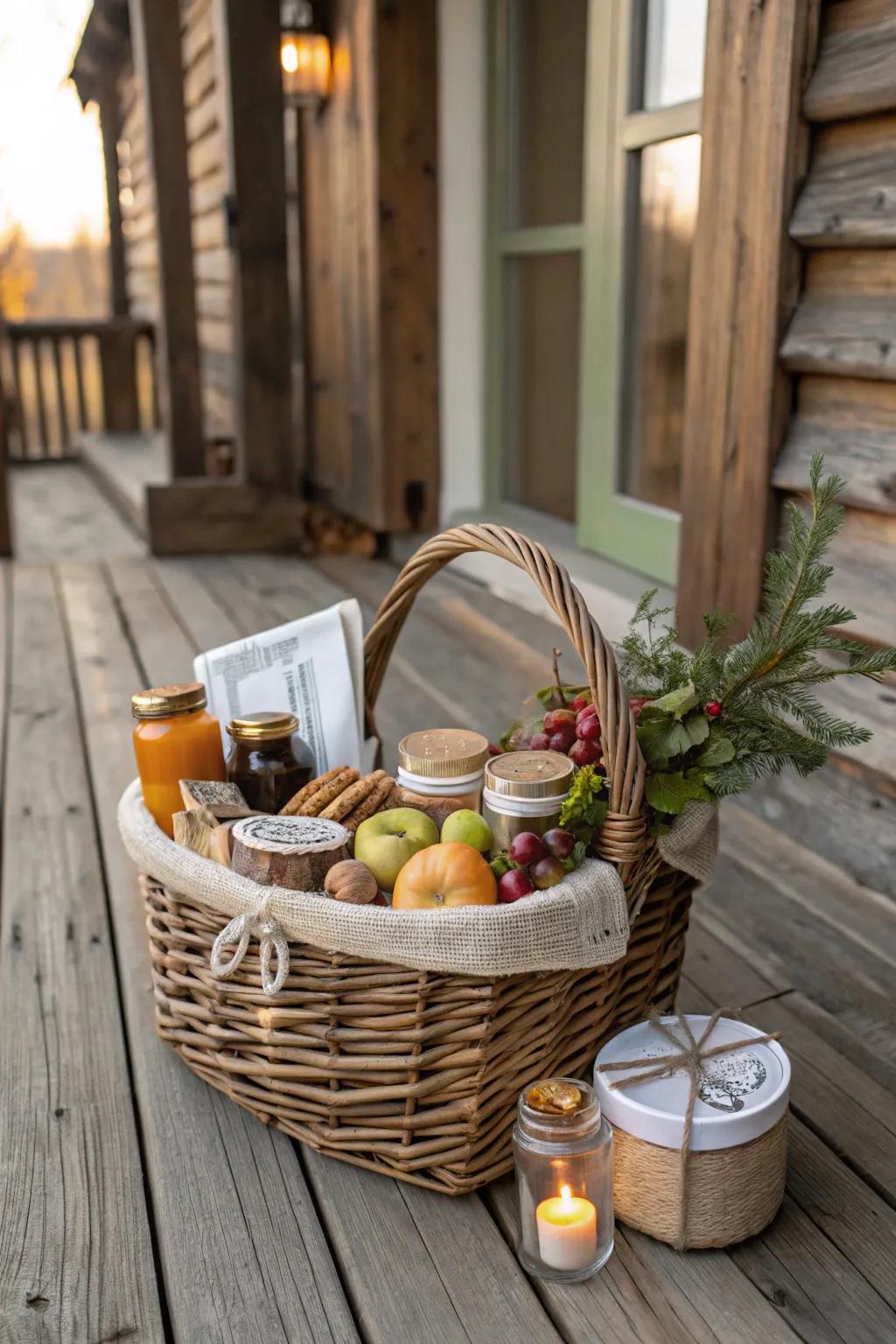 Rustic gift basket featuring natural textures and warm tones.