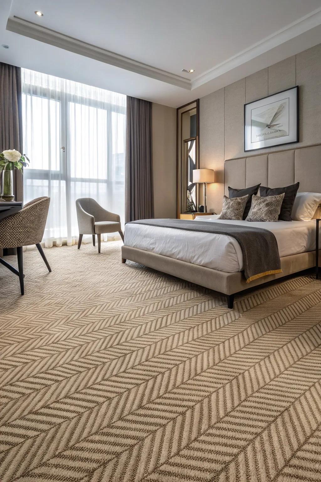 Herringbone patterns bring a modern edge to your bedroom.