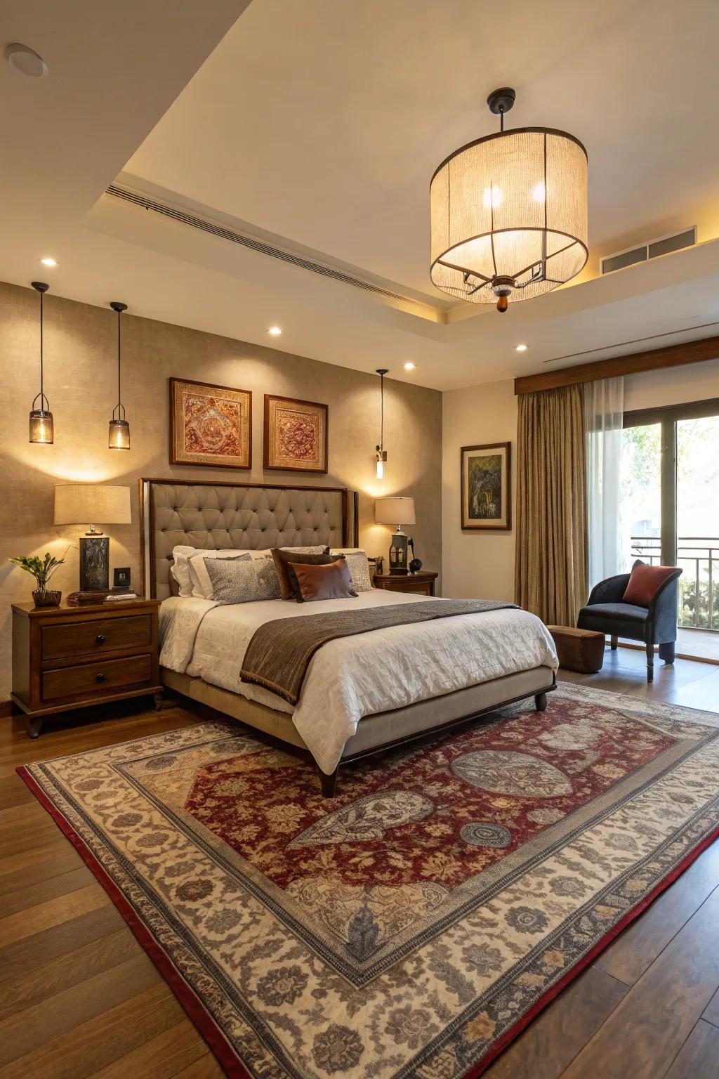 Large area rugs unify bedroom furniture and create spaciousness.