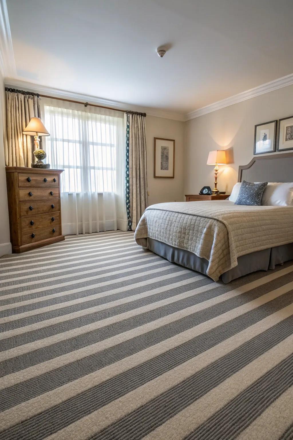 Striped carpets visually enlarge and energize bedroom spaces.