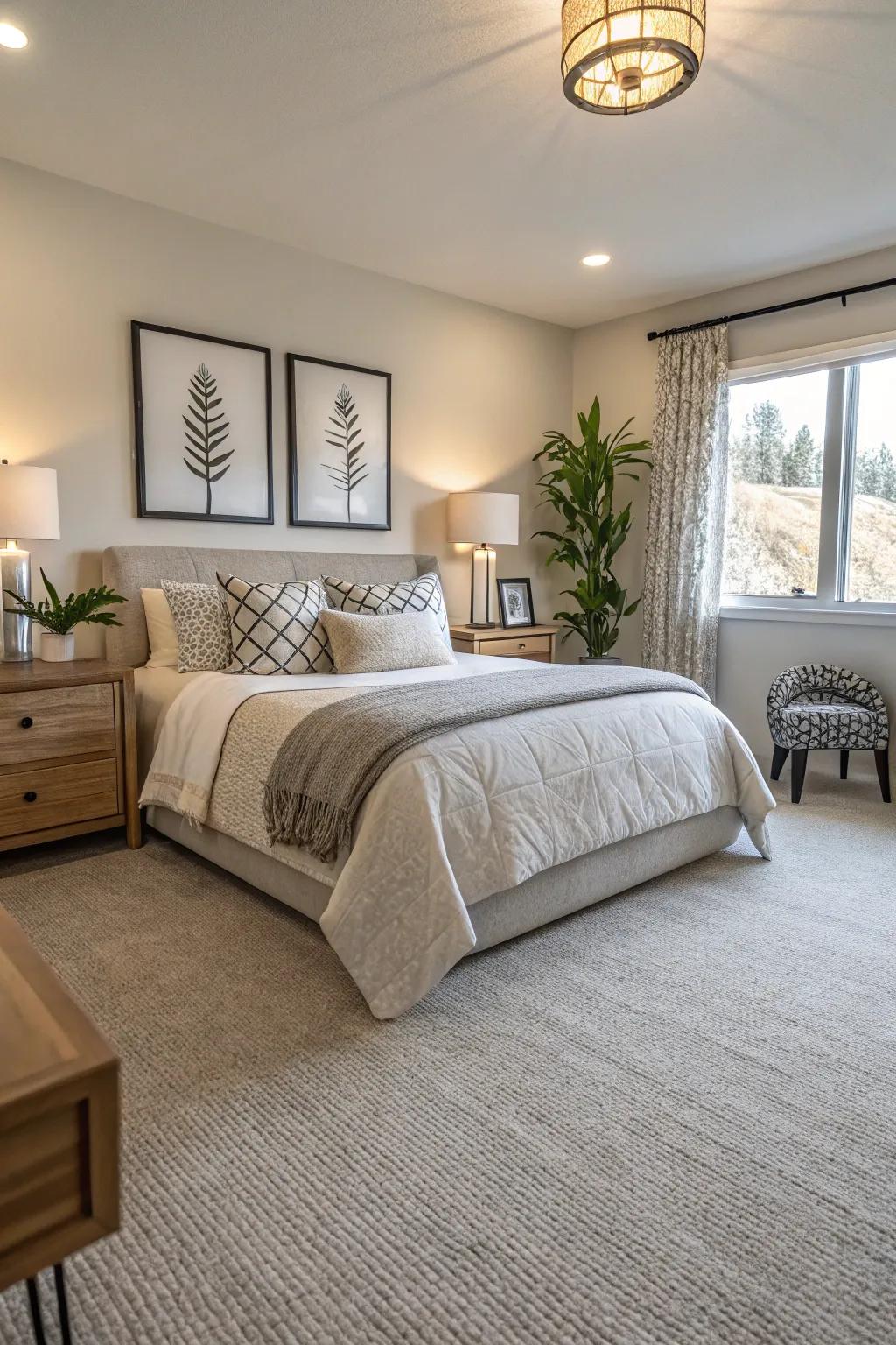 Neutral shades foster a calm and inviting bedroom environment.