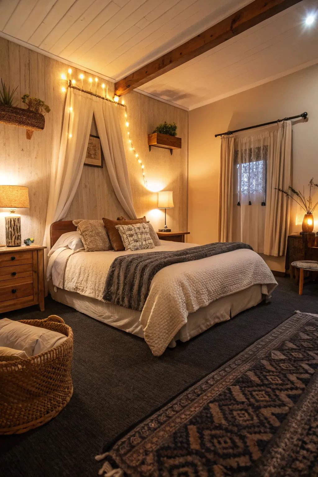 Dark carpets create a cozy and intimate bedroom vibe.