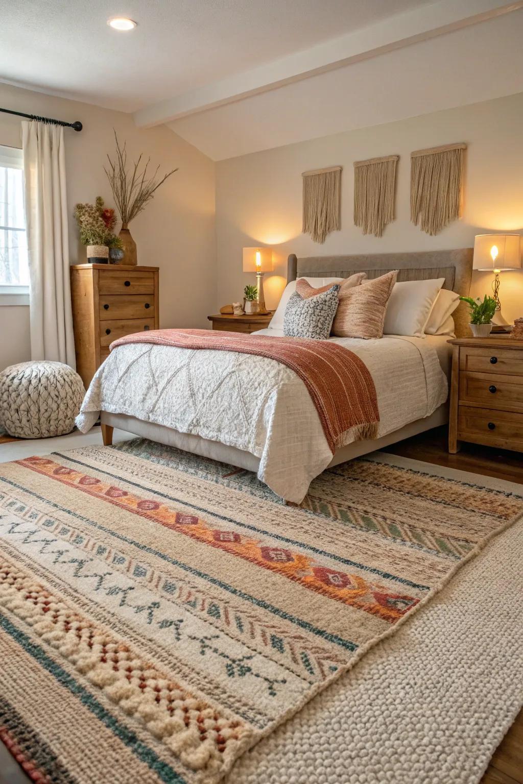 Layering rugs adds texture and depth to bedroom design.