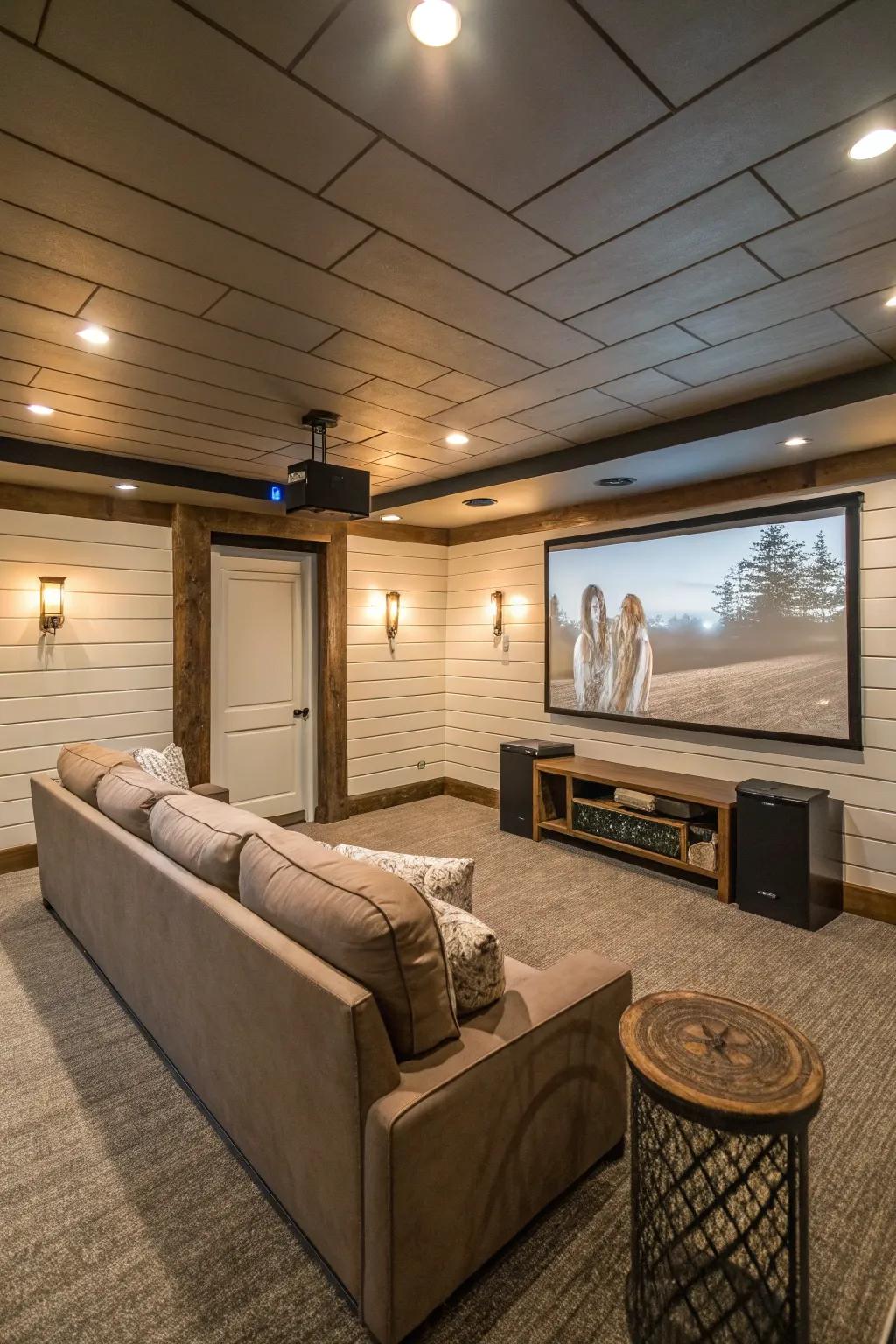 Basement home theater with shiplap walls and plush seating