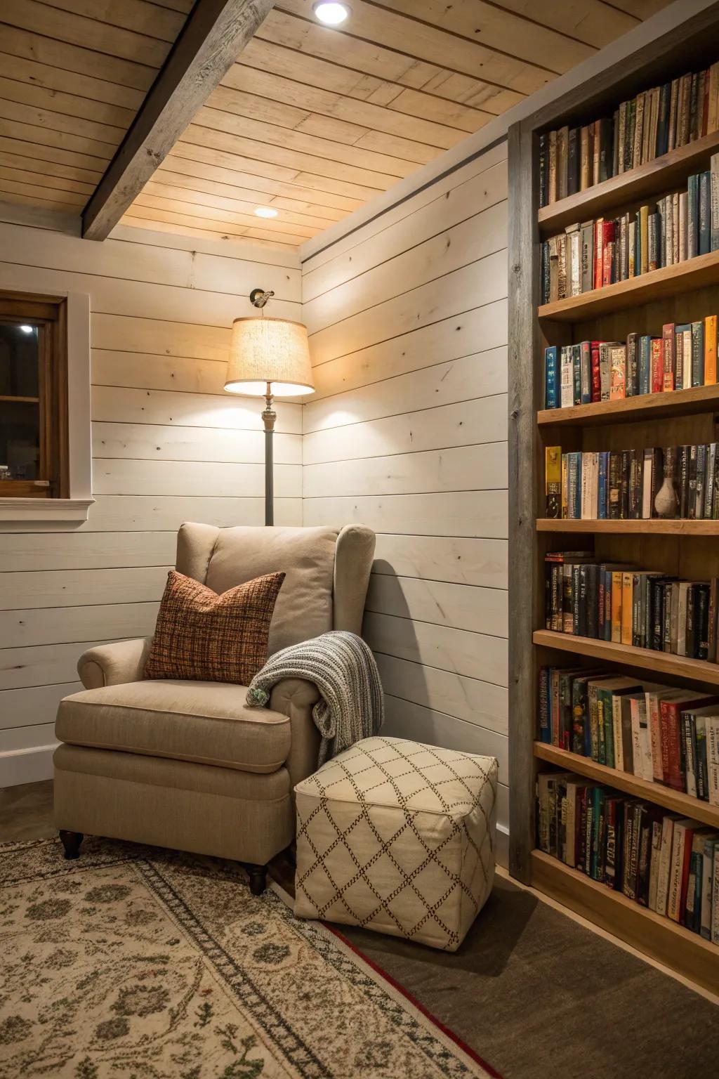 Shiplap reading nook with plush chair
