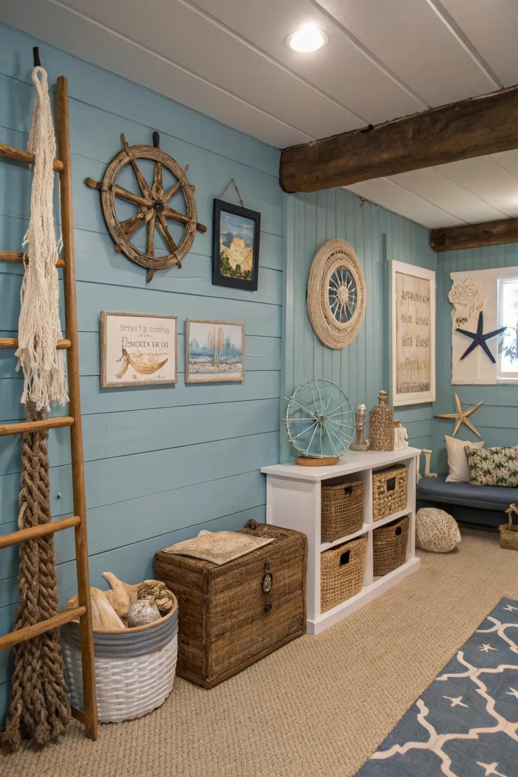 Coastal-inspired basement with blue shiplap walls