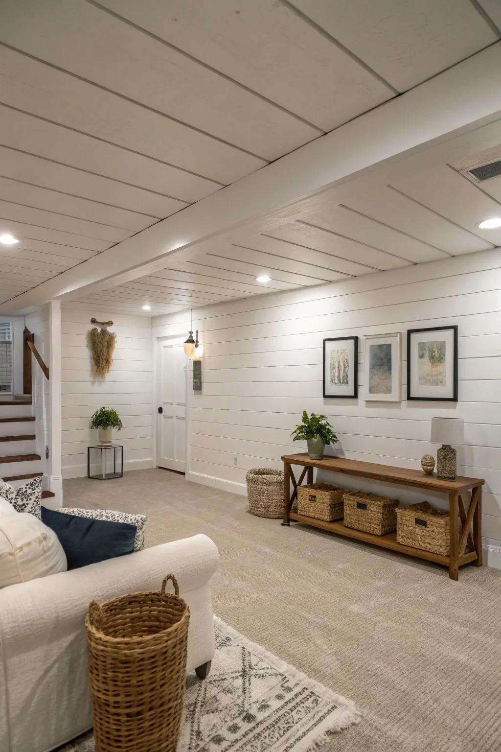 Basement with white shiplap walls and minimalist decor