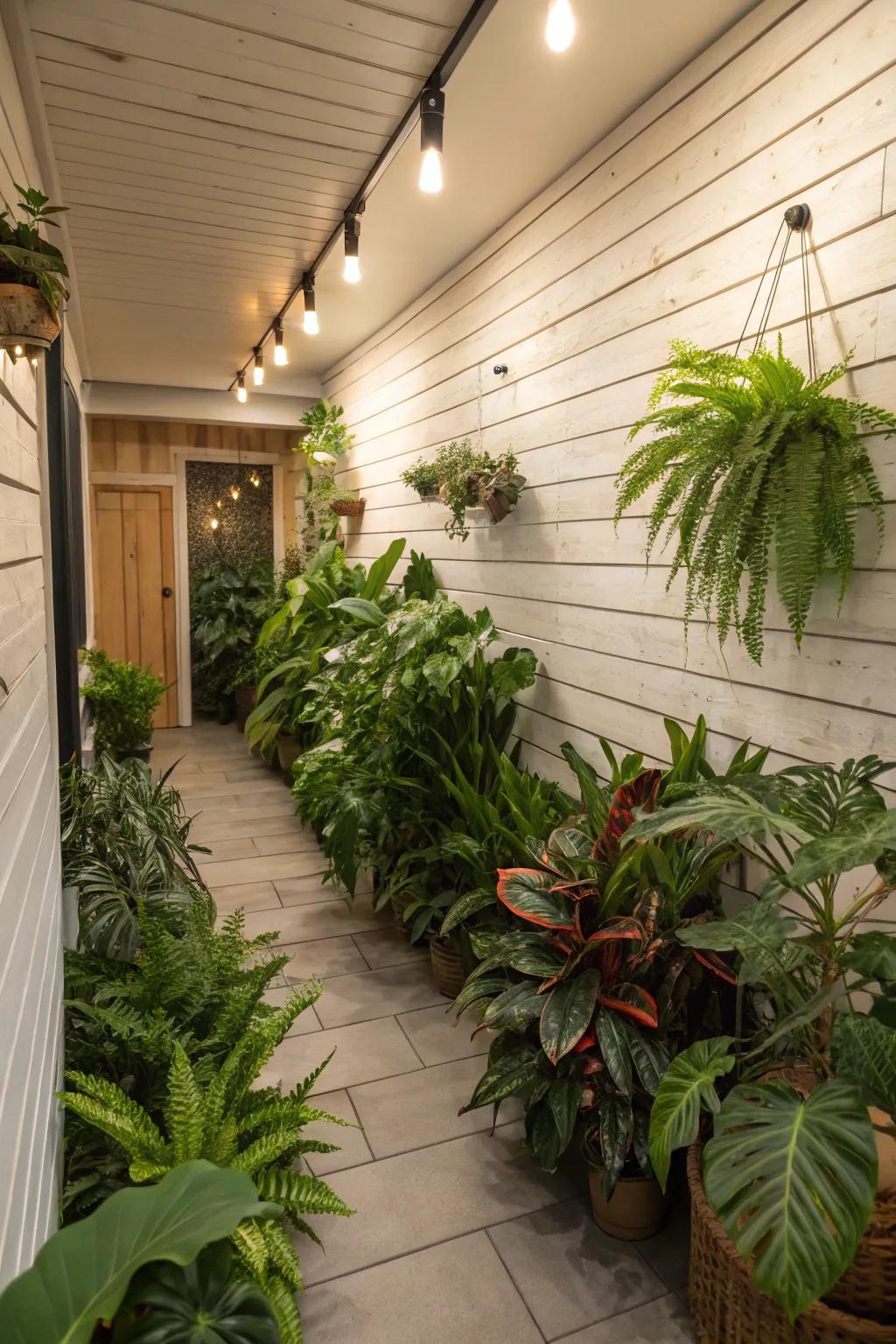 Basement with shiplap walls and indoor plants