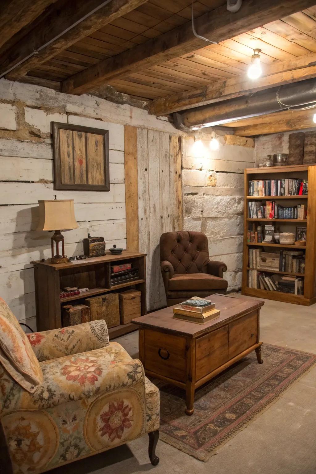 Vintage basement with distressed shiplap walls