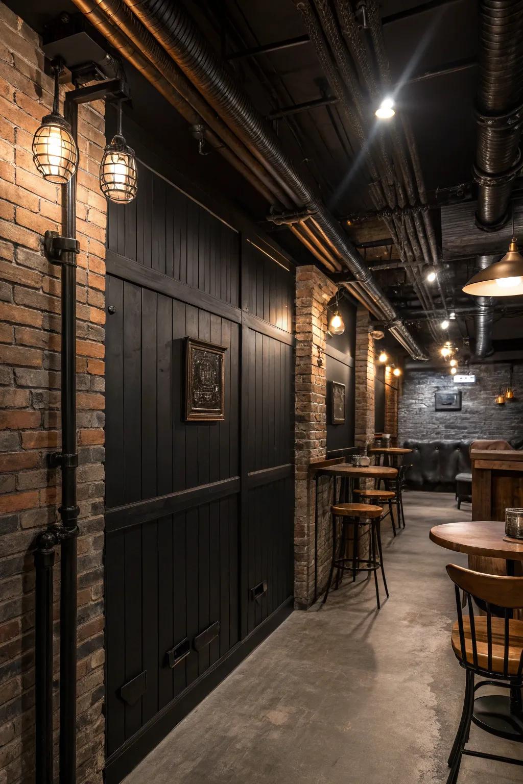 Industrial chic basement with dark shiplap walls