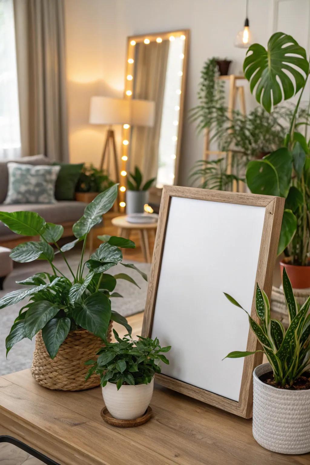 Combining framed art with plants for a fresh look.