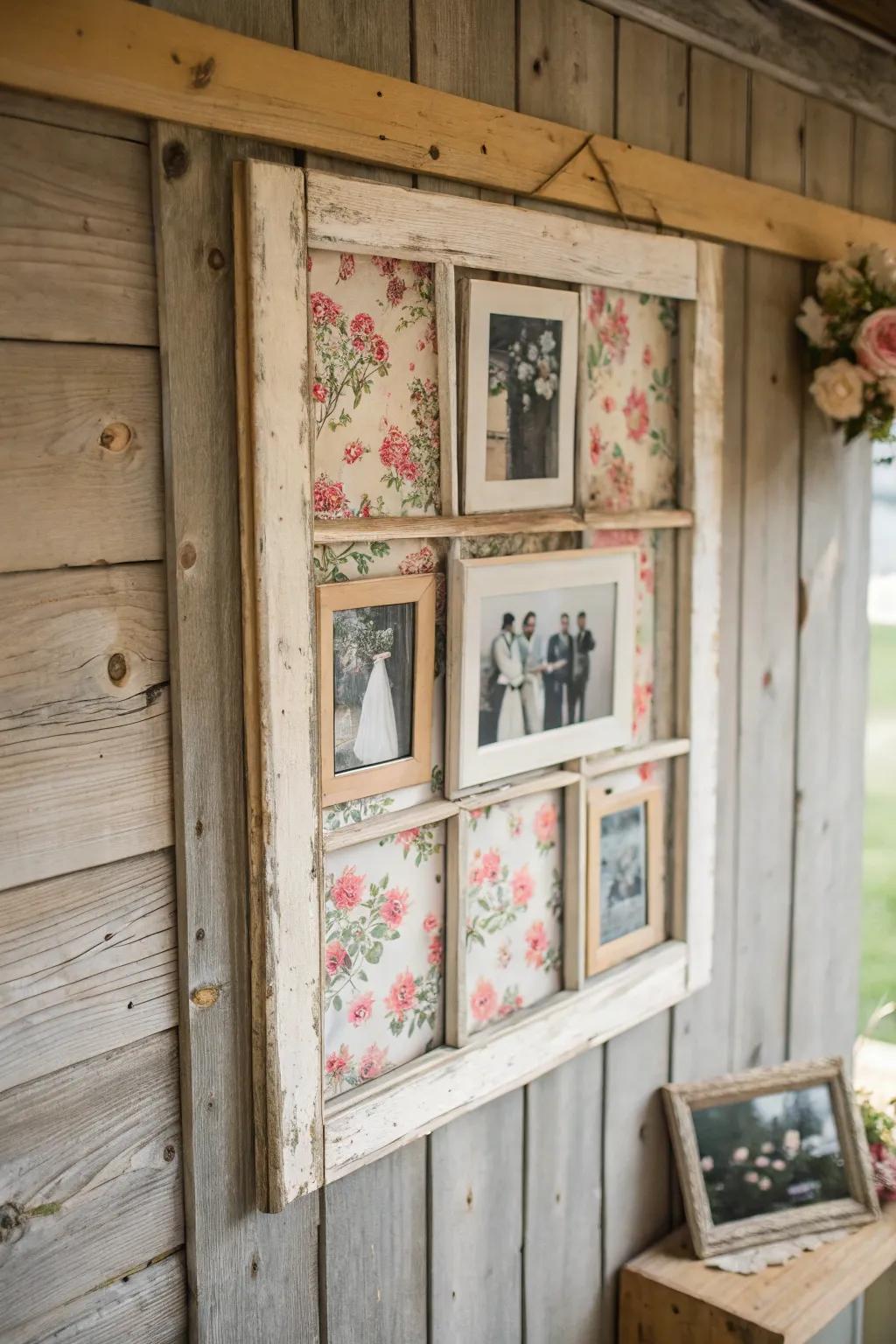 Old window frames repurposed for photo displays.