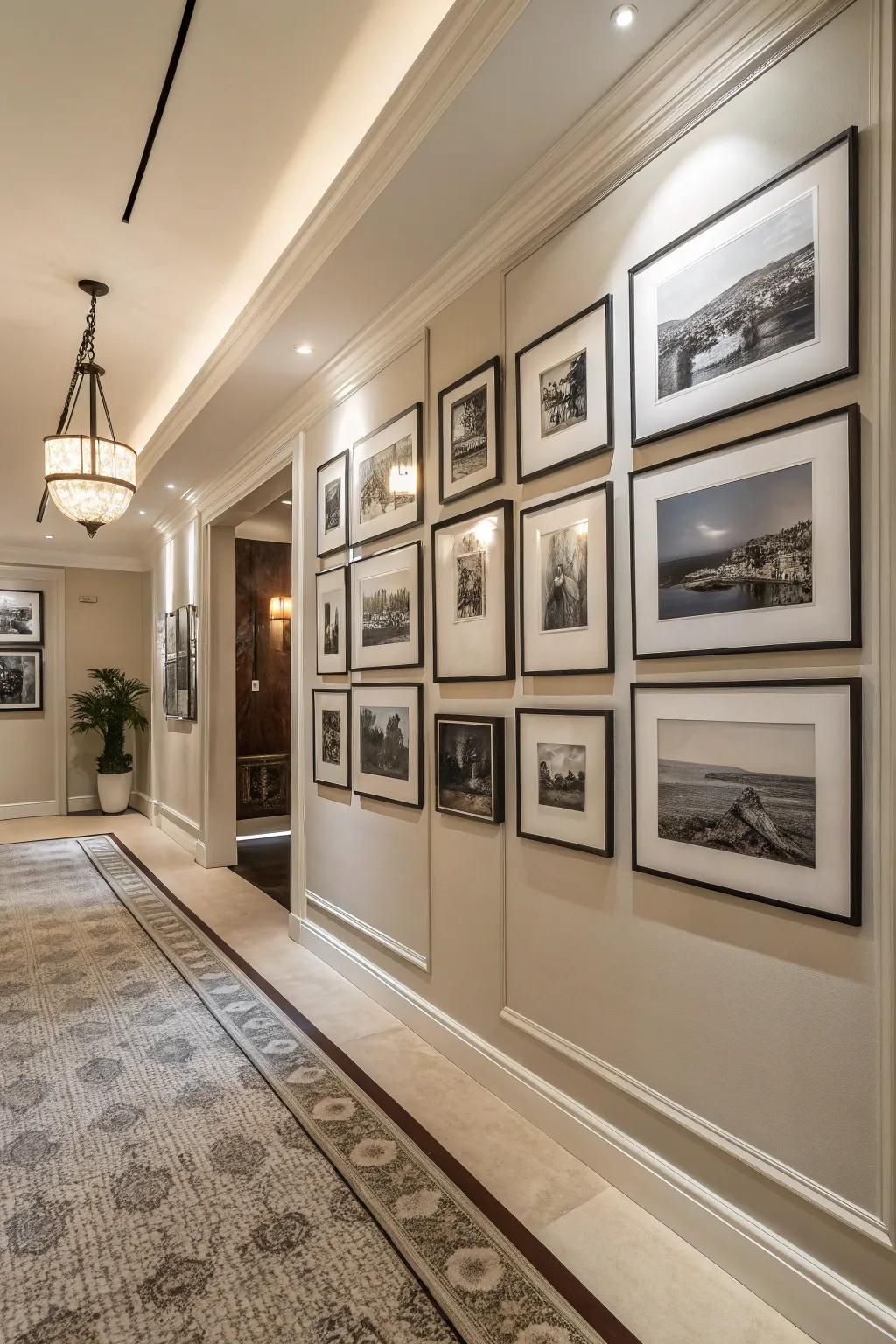Black and white framed photos create elegant displays.
