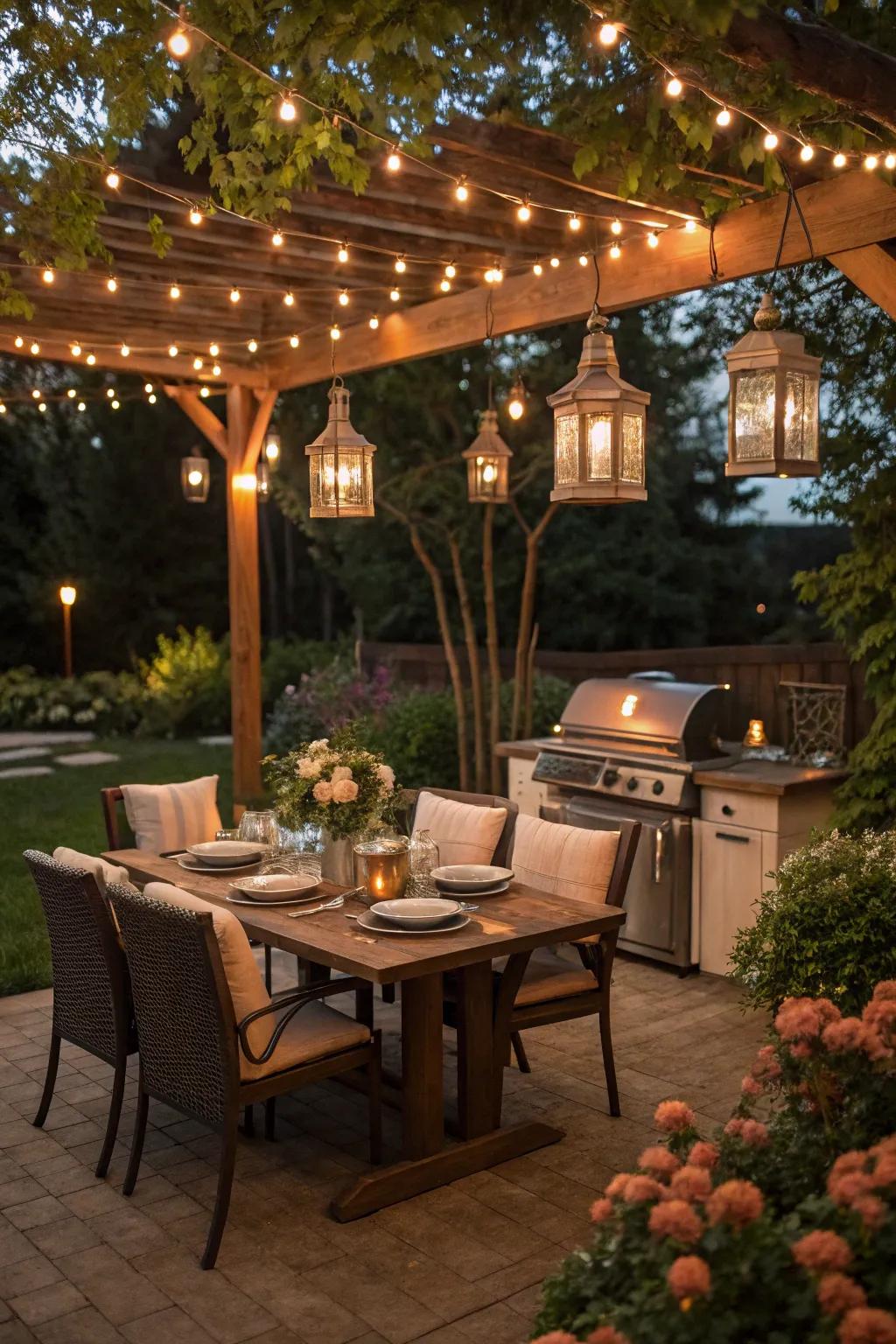 Soft, romantic lighting creates an inviting BBQ atmosphere.