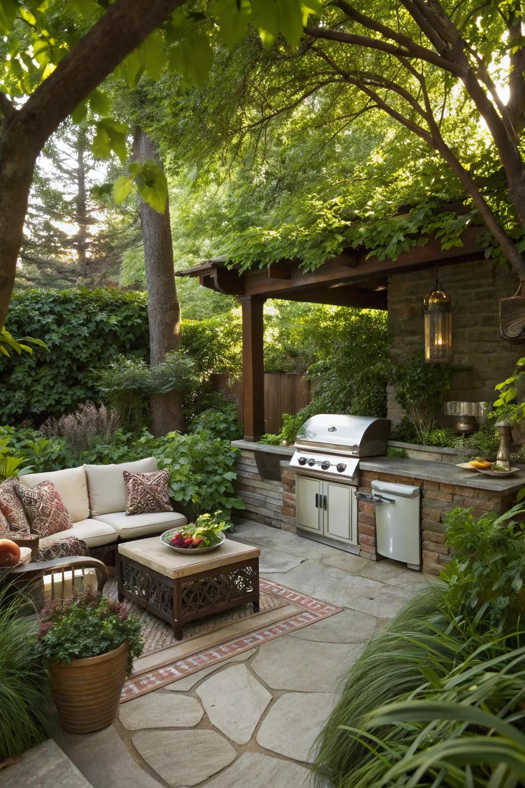 A BBQ area harmoniously integrated with surrounding greenery.