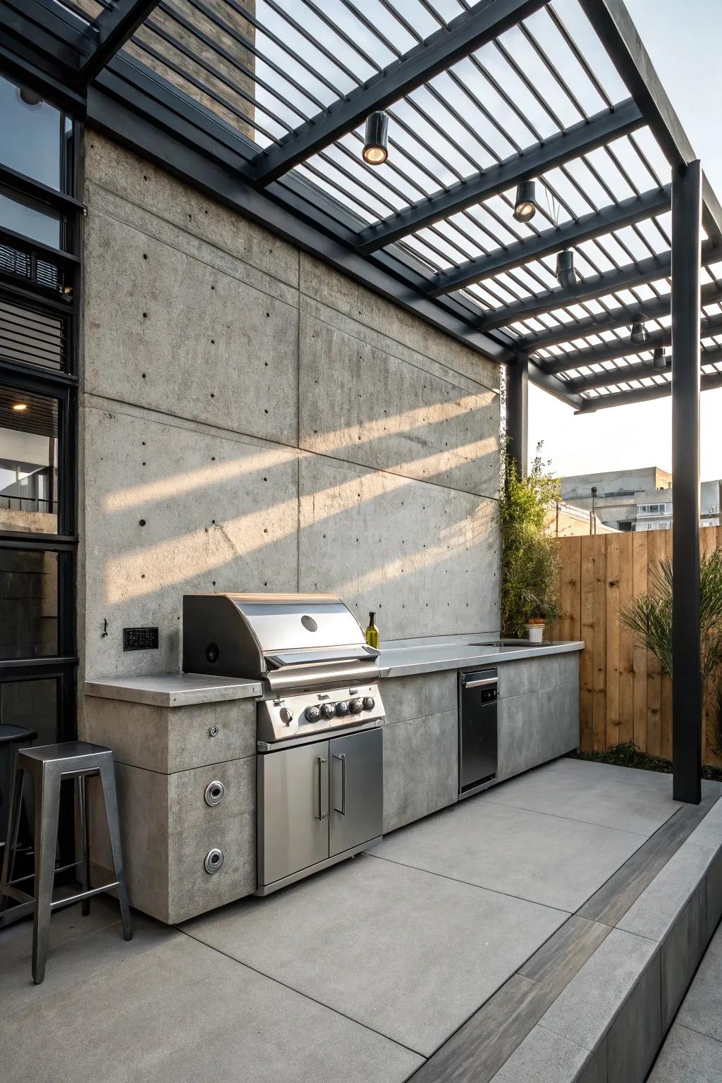 Industrial chic BBQ area with metal and concrete accents.