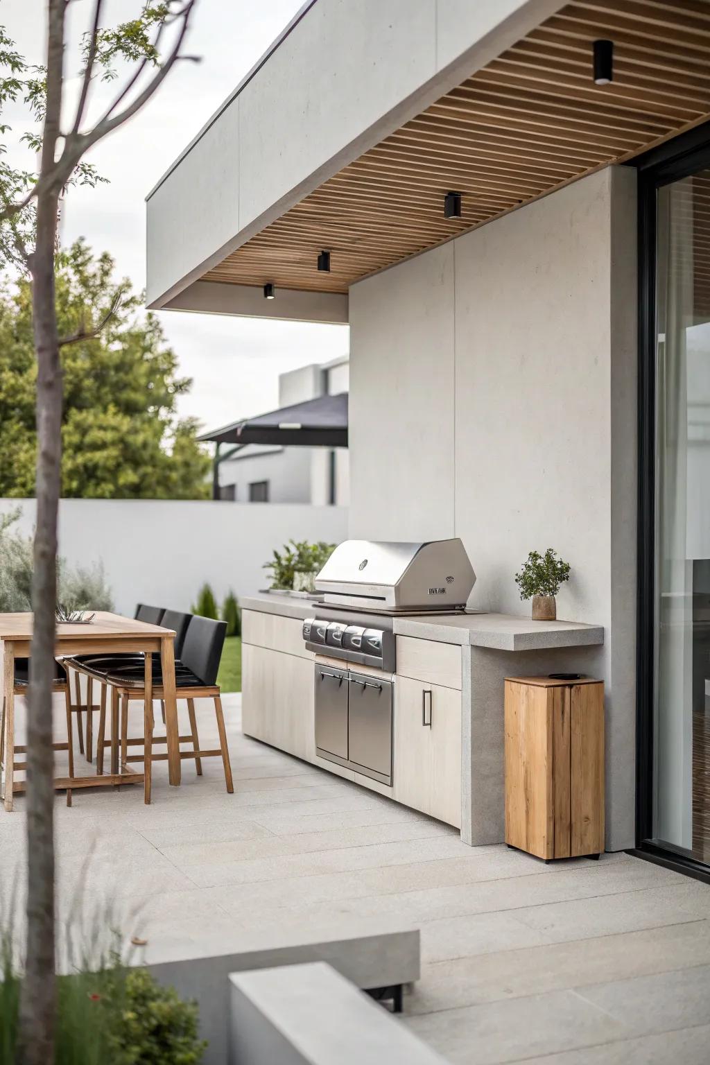 Modern minimalist BBQ area with clean lines and neutral tones.
