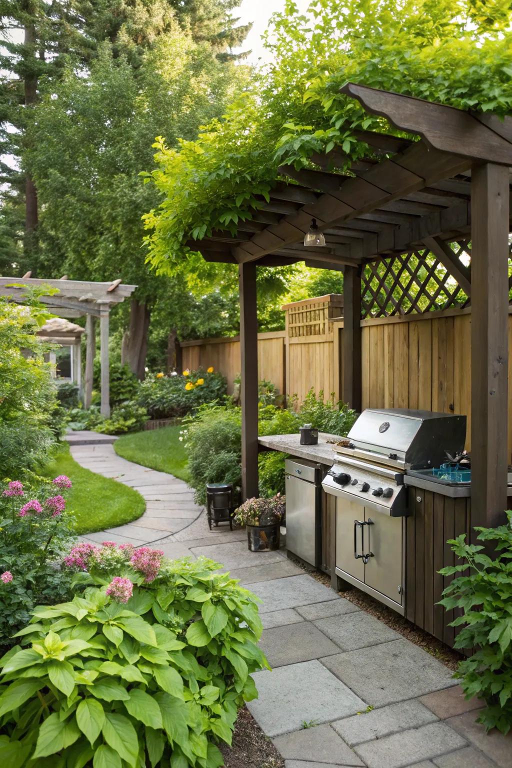 A pergola offers shade and elegance to your BBQ area.