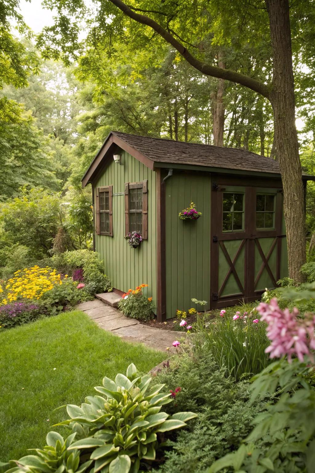 Olive green shed blending with garden surroundings.