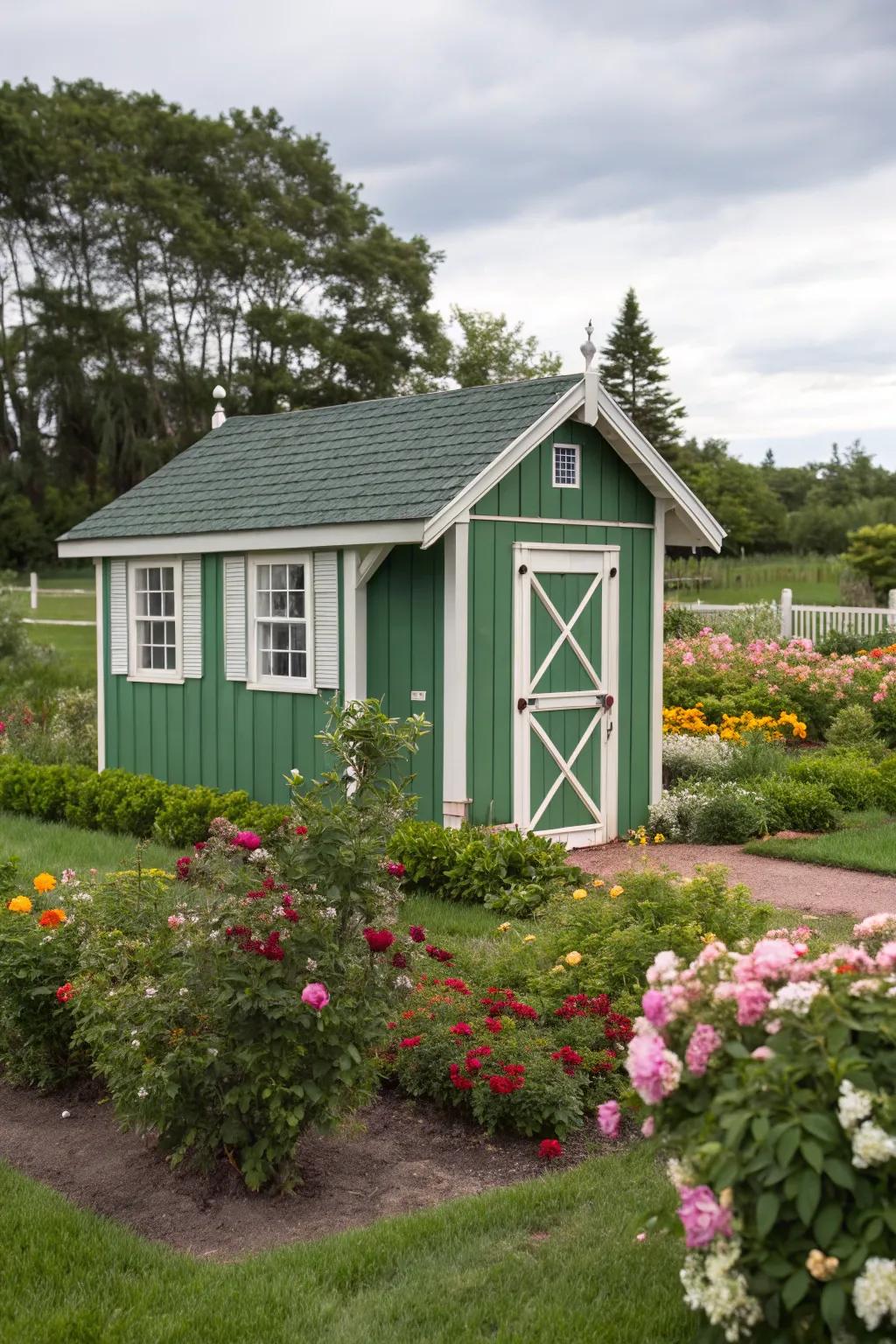 Green shed with beige and white contrasting trim.