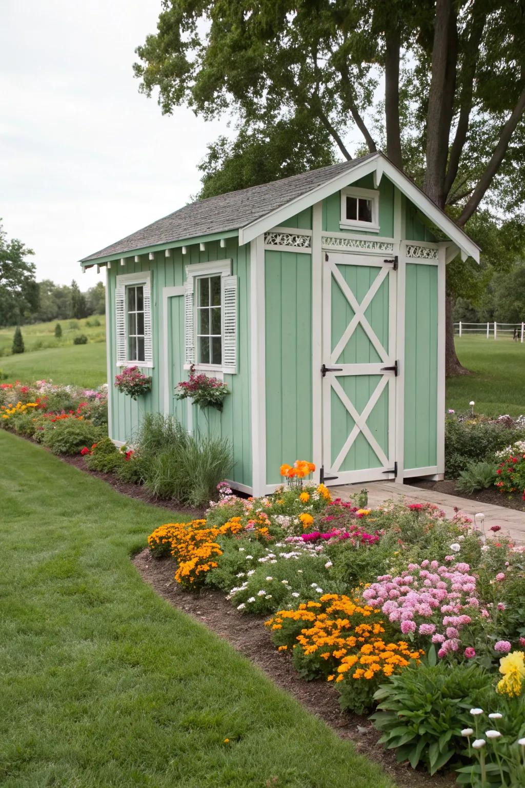 Mint green shed adding freshness to garden space.