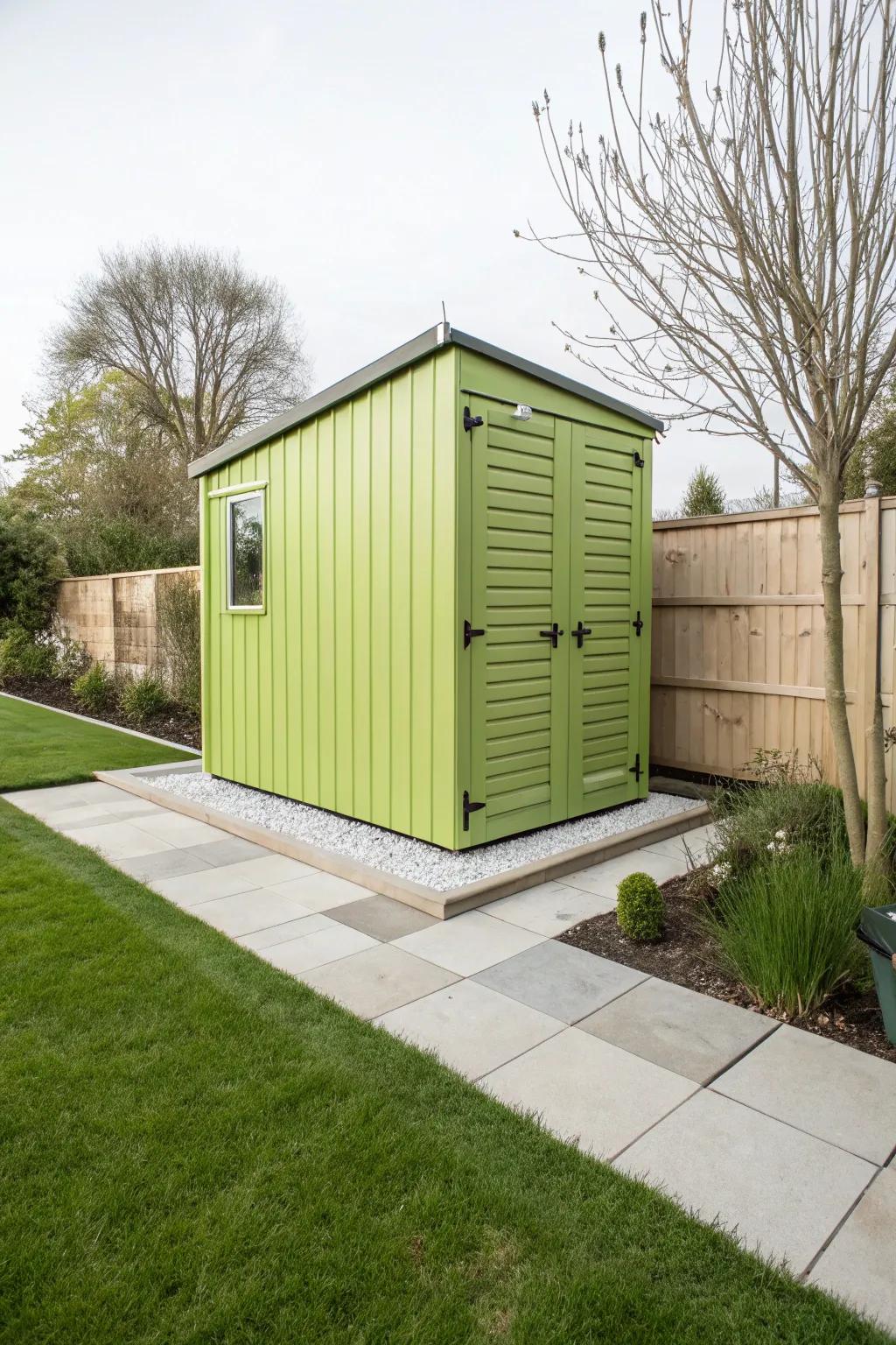 Lime green shed as a vibrant garden centerpiece.