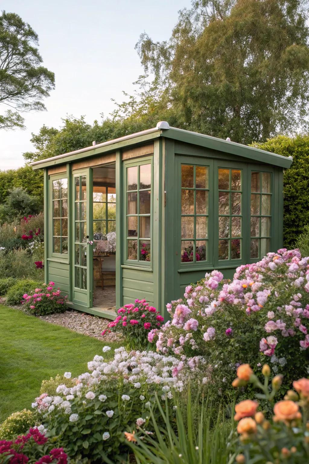Green garden room shed as a peaceful outdoor retreat.
