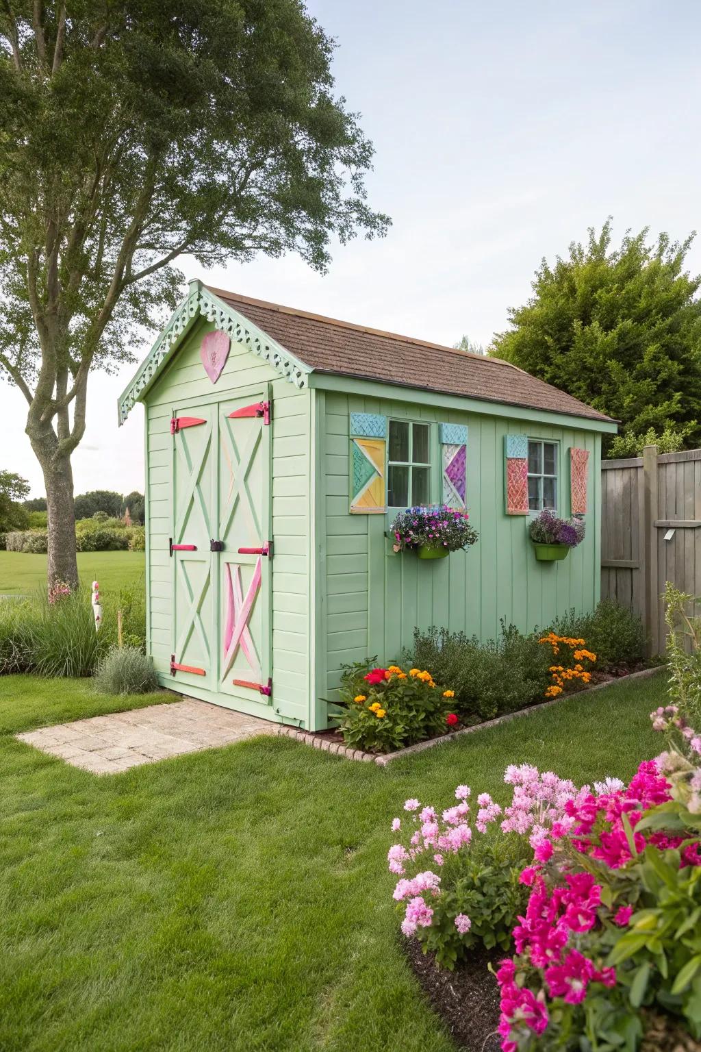 Pastel green shed adding whimsy to garden.