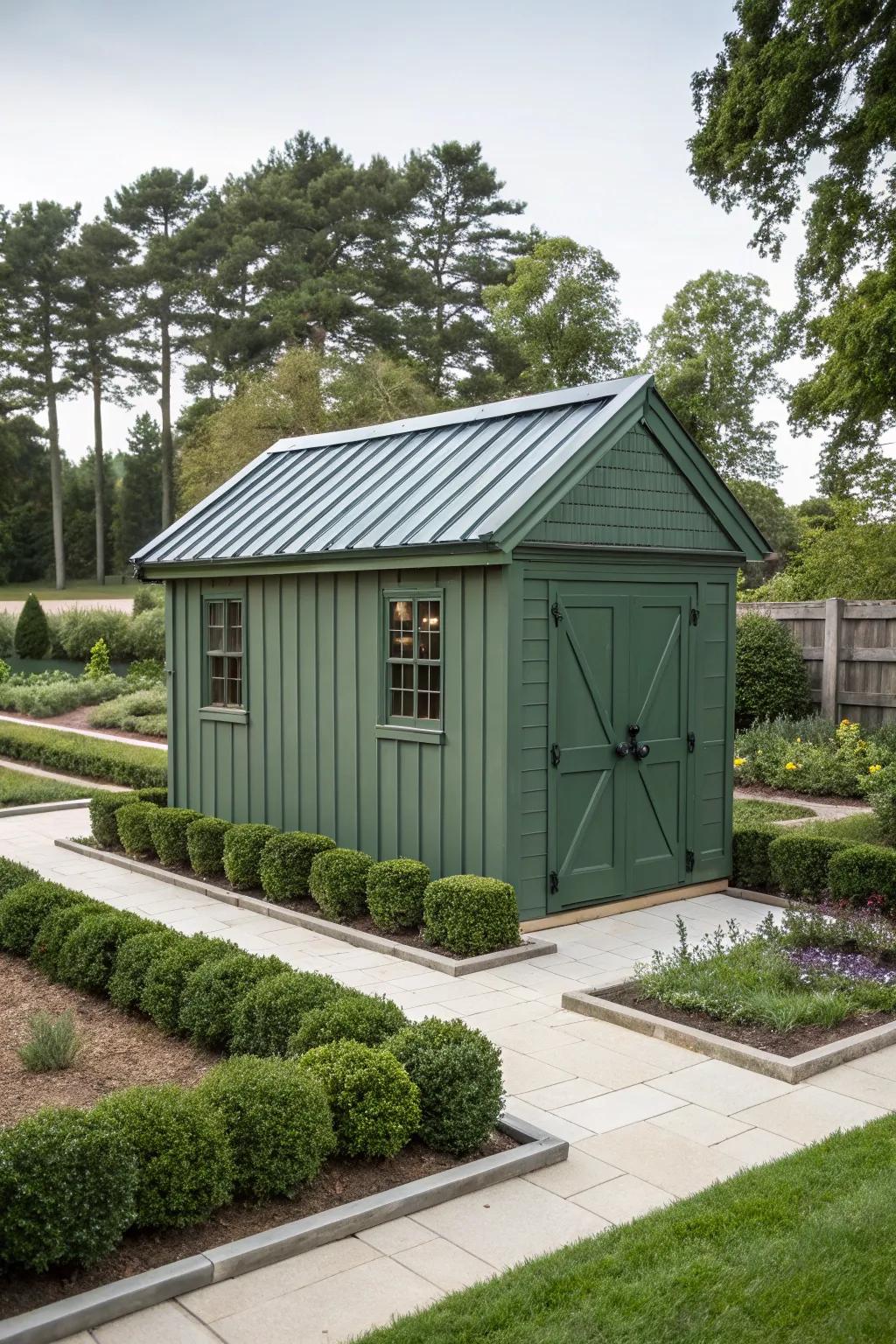 Green shed topped with sleek metal roofing.