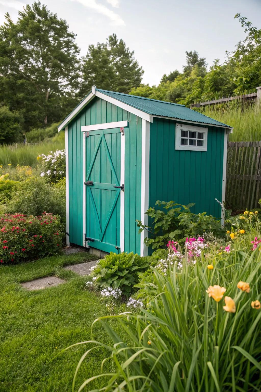 Teal green shed offering a modern twist.