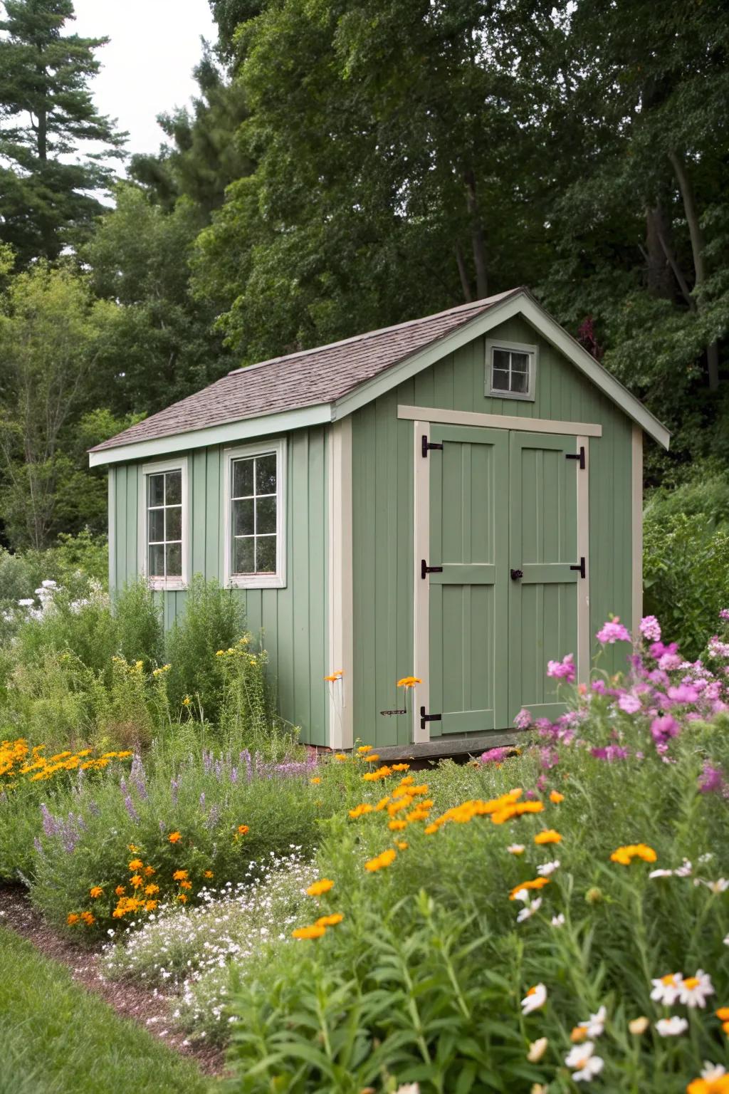 Sage green shed blending elegantly with nature.