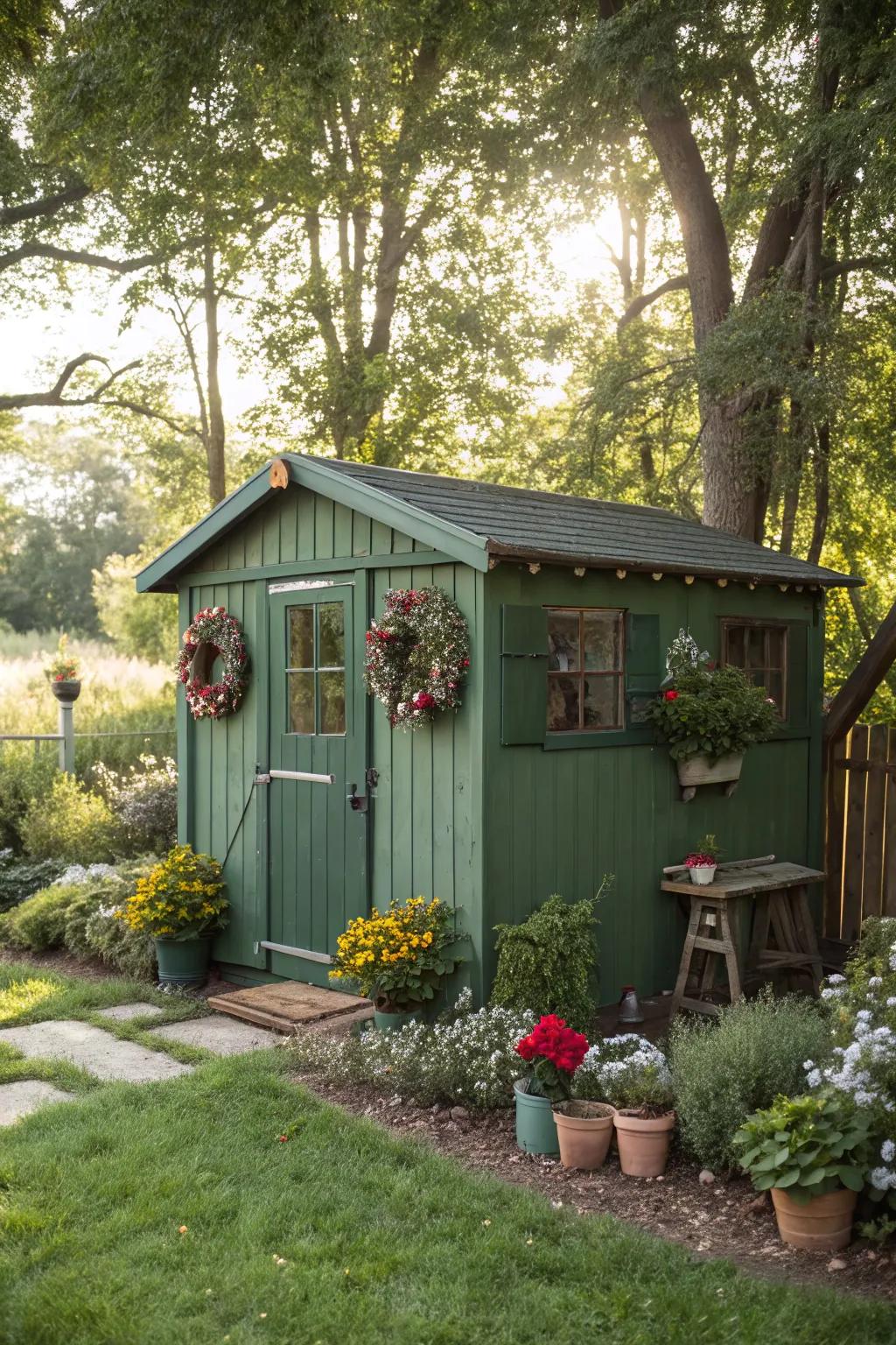 Green shed adorned with nature-inspired decorations.