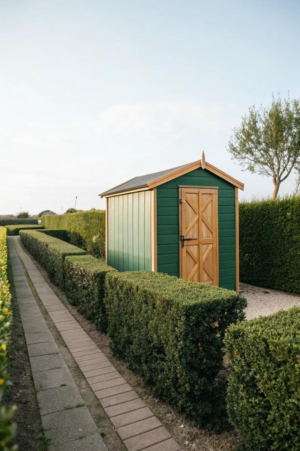 Green and tan shed offering a classic and elegant look.