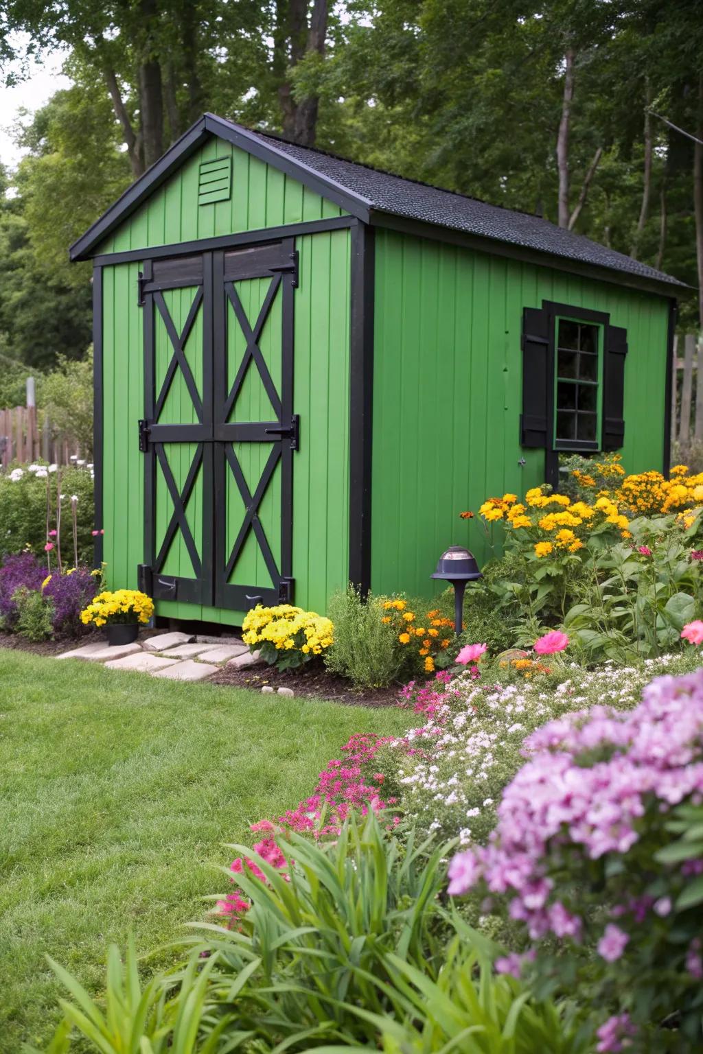 Green shed accented with bold black trim and hardware.