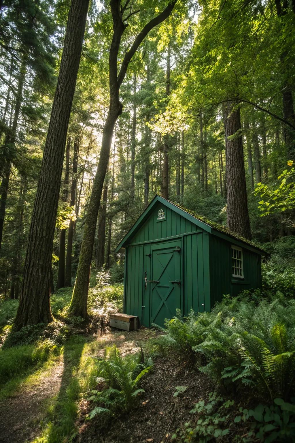 Deep forest green shed creating a peaceful garden retreat.