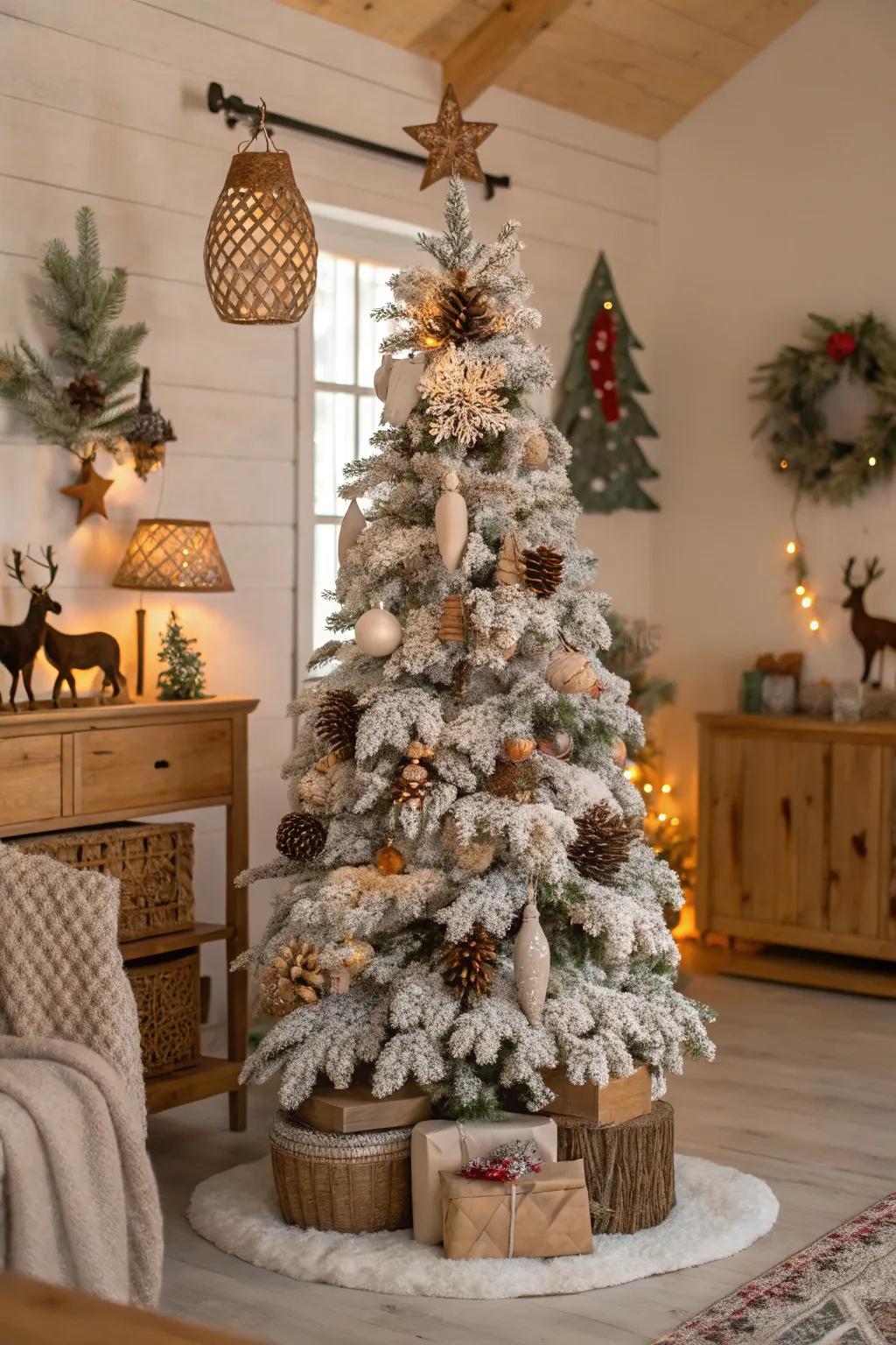 Woodland-inspired flocked Christmas tree with natural ornaments