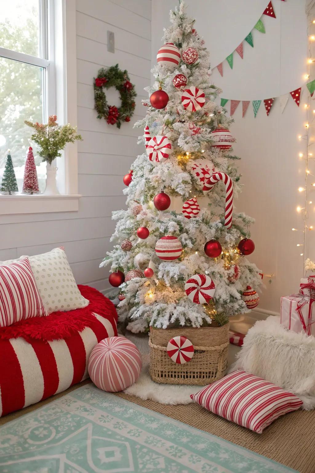 Peppermint-themed flocked Christmas tree with candy-striped decorations