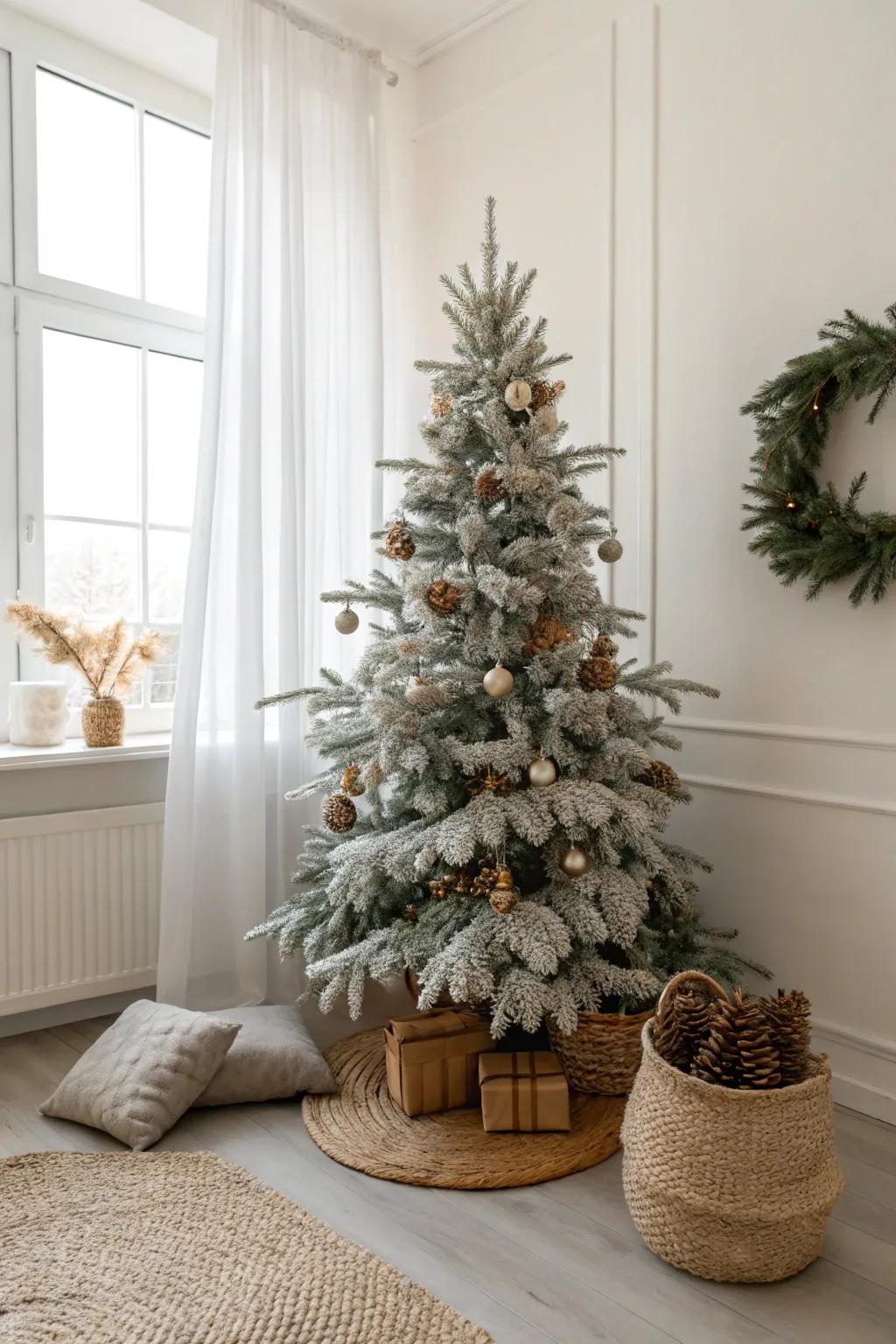 Minimalist flocked Christmas tree with natural decorations